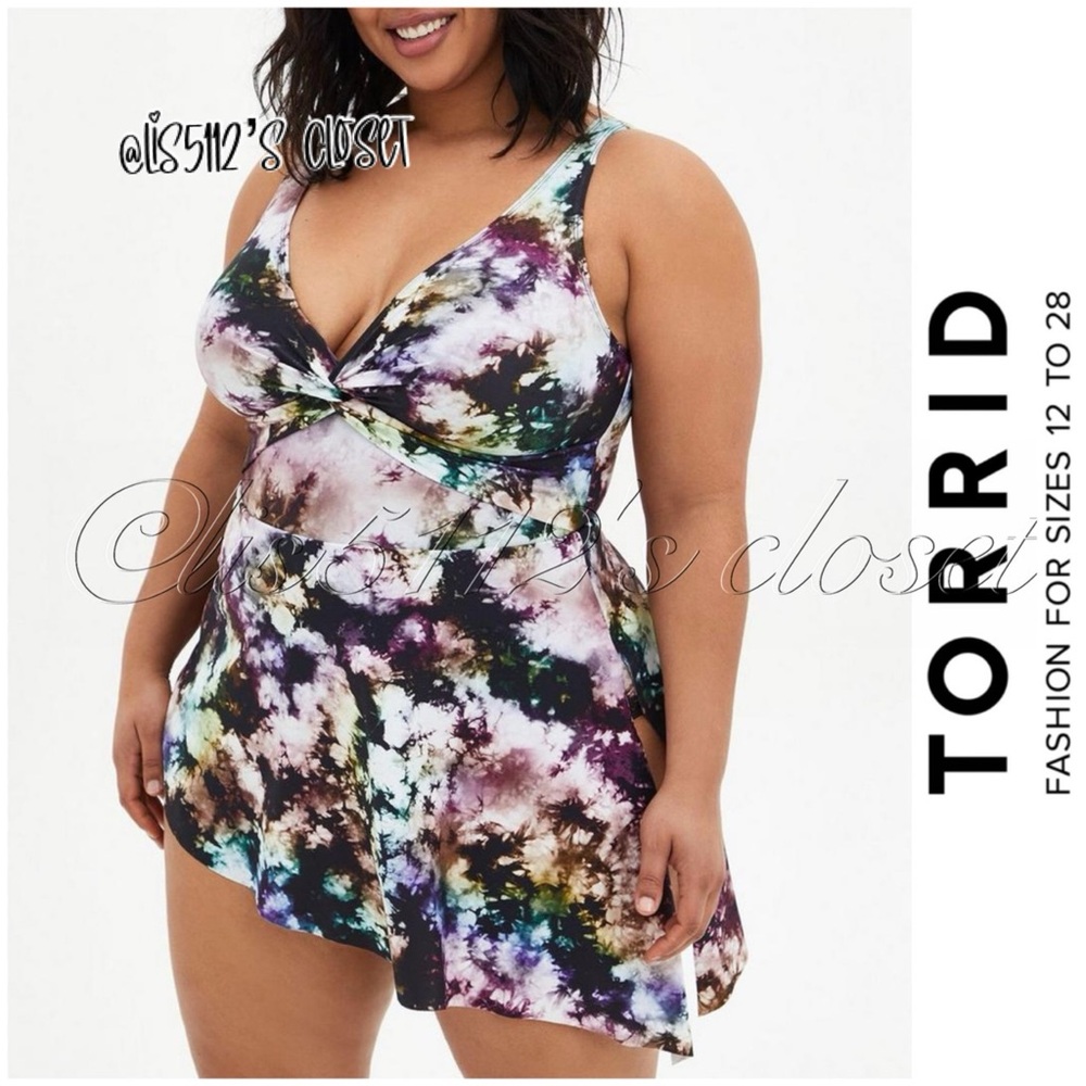 Torrid Black Tie Dye Wireless Asymmetrical Twist Front Swim Dress Swimsuit 2X